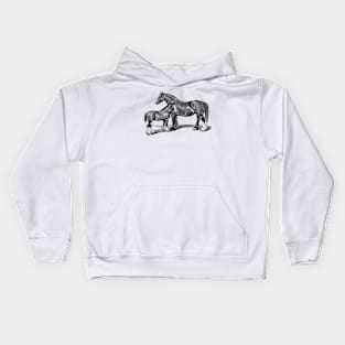 Shire Mare and Foal Black and White Horse Illustration Kids Hoodie